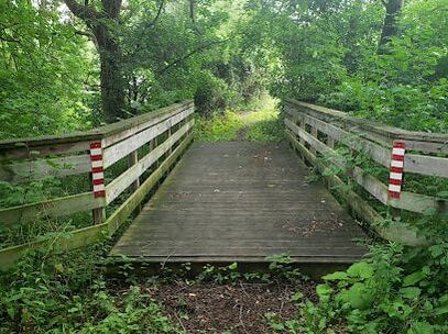 Wooden trail as part of moffat creek trail in Littles Corners, Cambridge Ontario